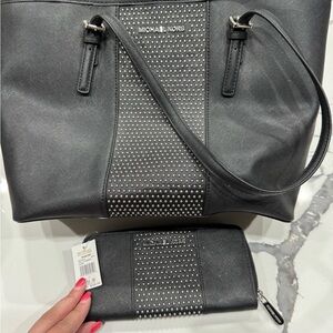 Michael Kors Black Studded Tote and Wallet Set
